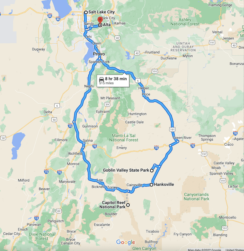 Utah Road Trip Itinerary: 3 day map