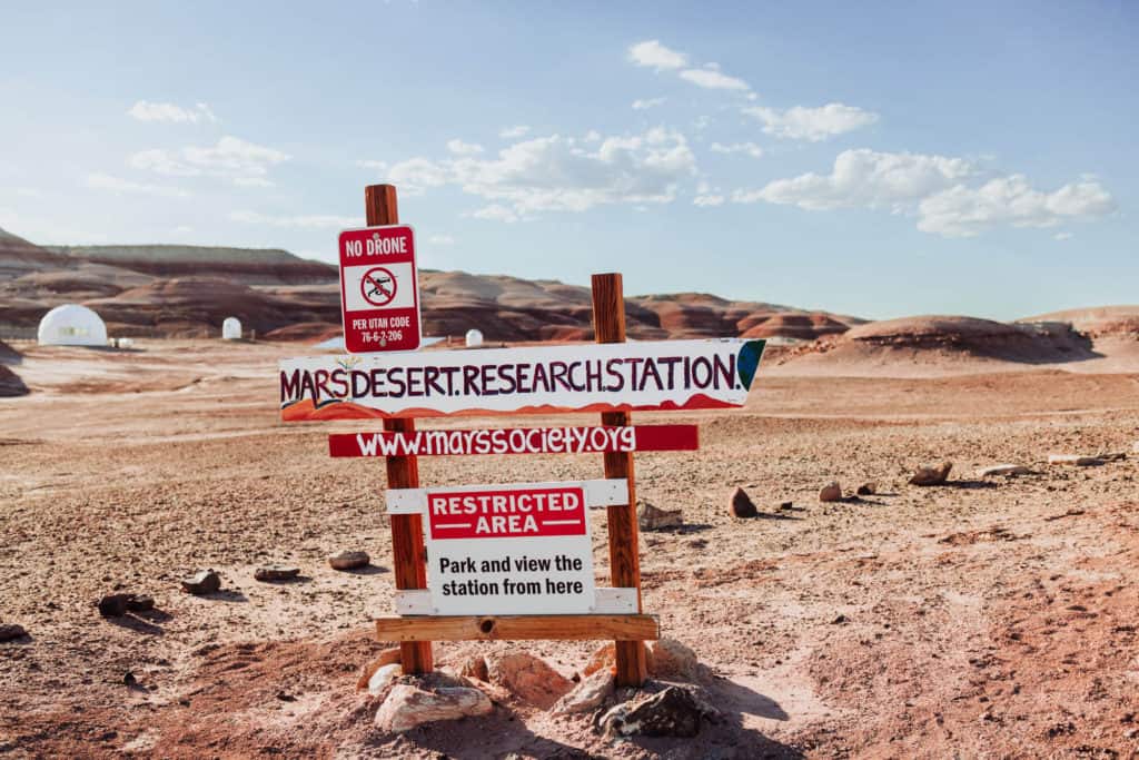 MARS Desert Research Station Sign, near Bentonite Hills, Utah.
