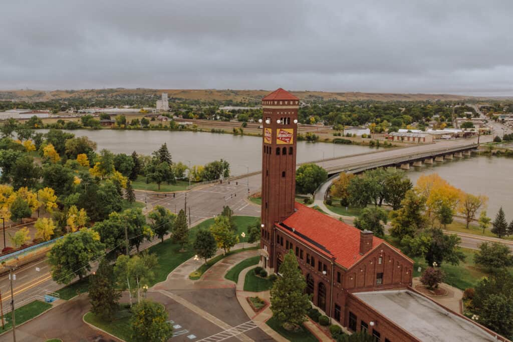 An aerial drone view of Downtown Great Falls, Montana