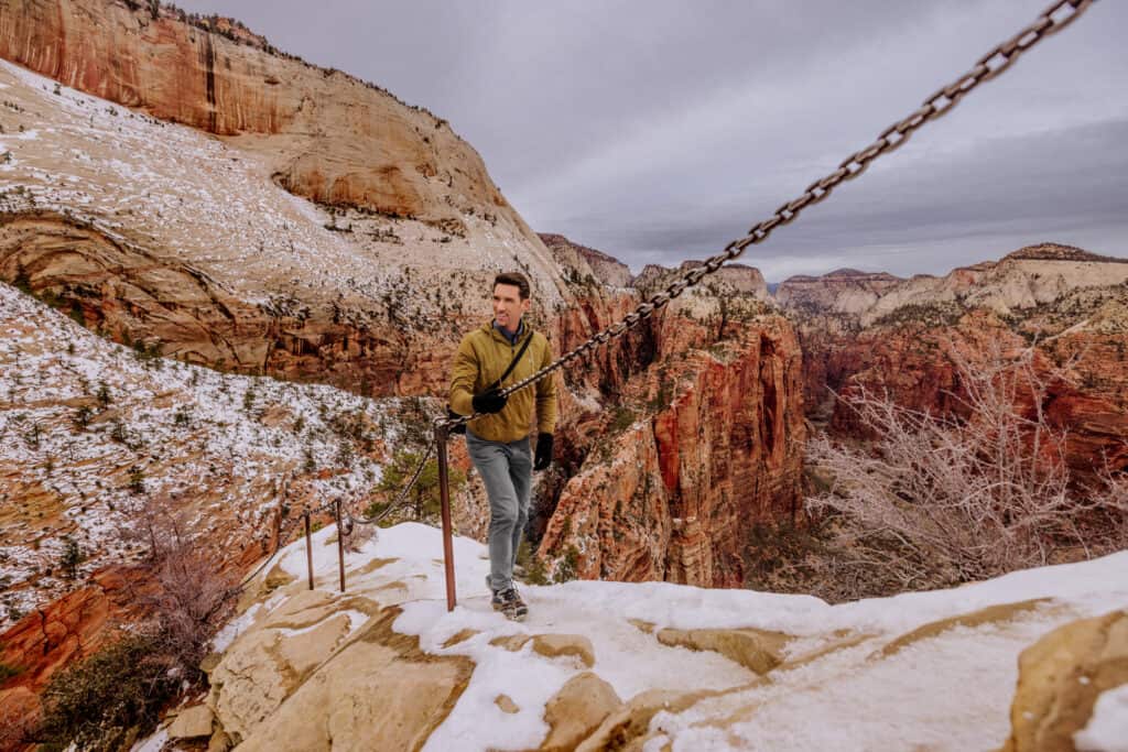 Jared Dillingham hiking Angel's Landing in winter