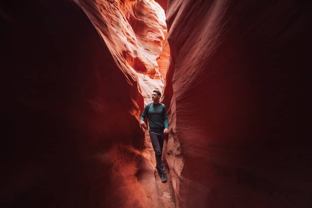 Jared Dillingham in a narrow slot on a Cardiac Canyon tour