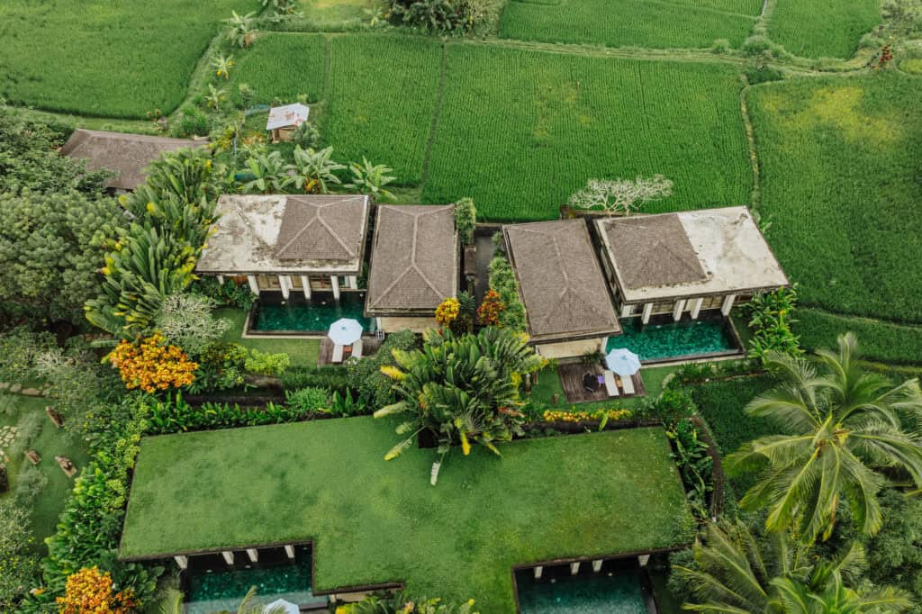 Aerial drone view of the resort villas with private pool