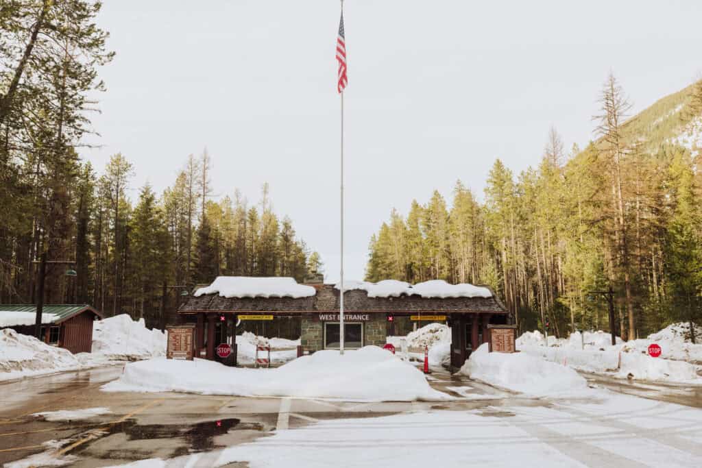 The west entrance to Glacier National Park in snow