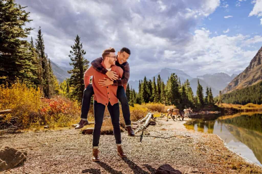 A wedding couple at Pray Lake in Montana's Glacier National Park
