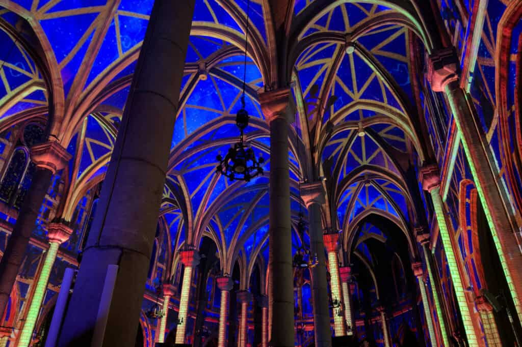 Notre Dame de Nice light show on the cathedral ceiling