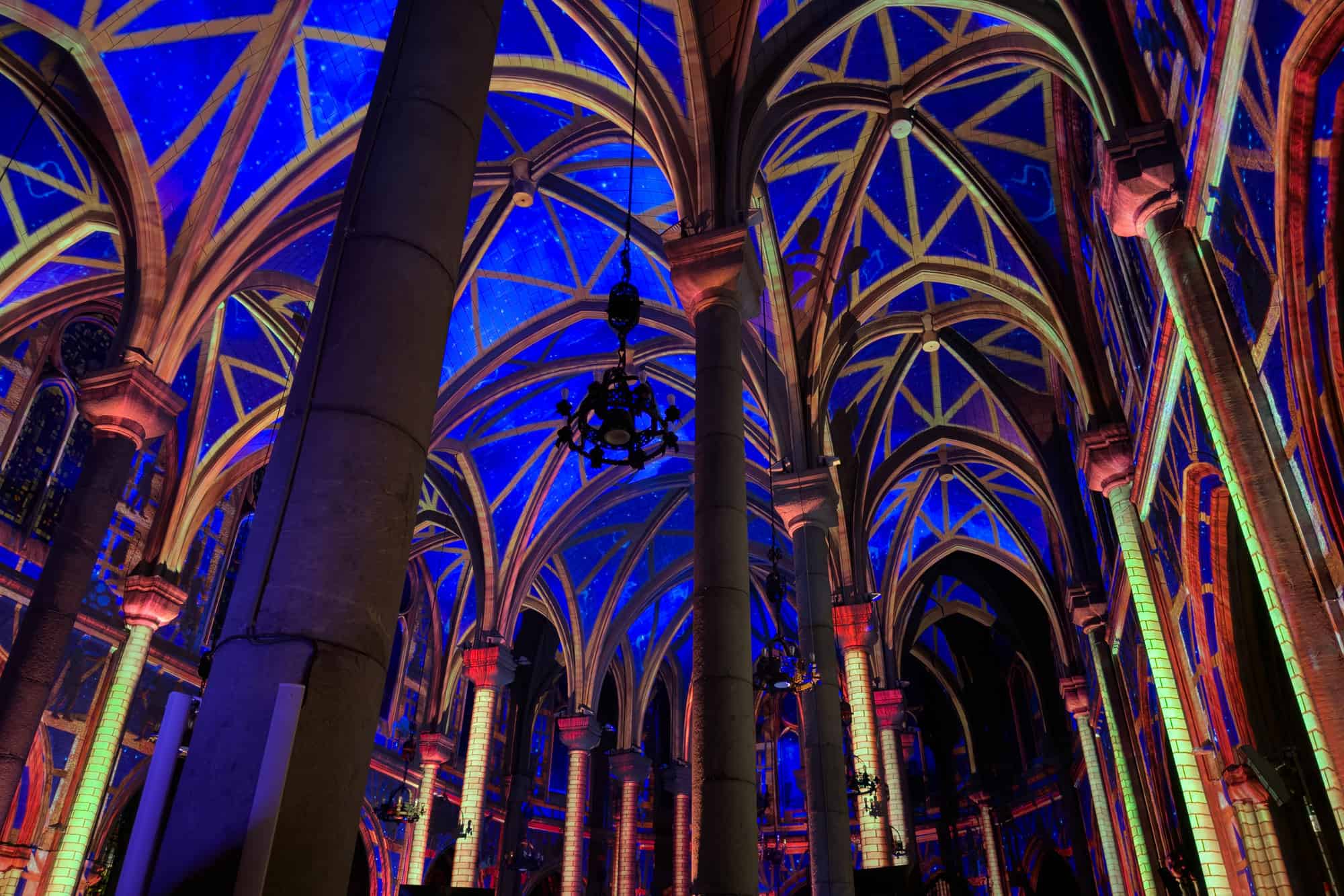Notre Dame de Nice light show on the cathedral ceiling