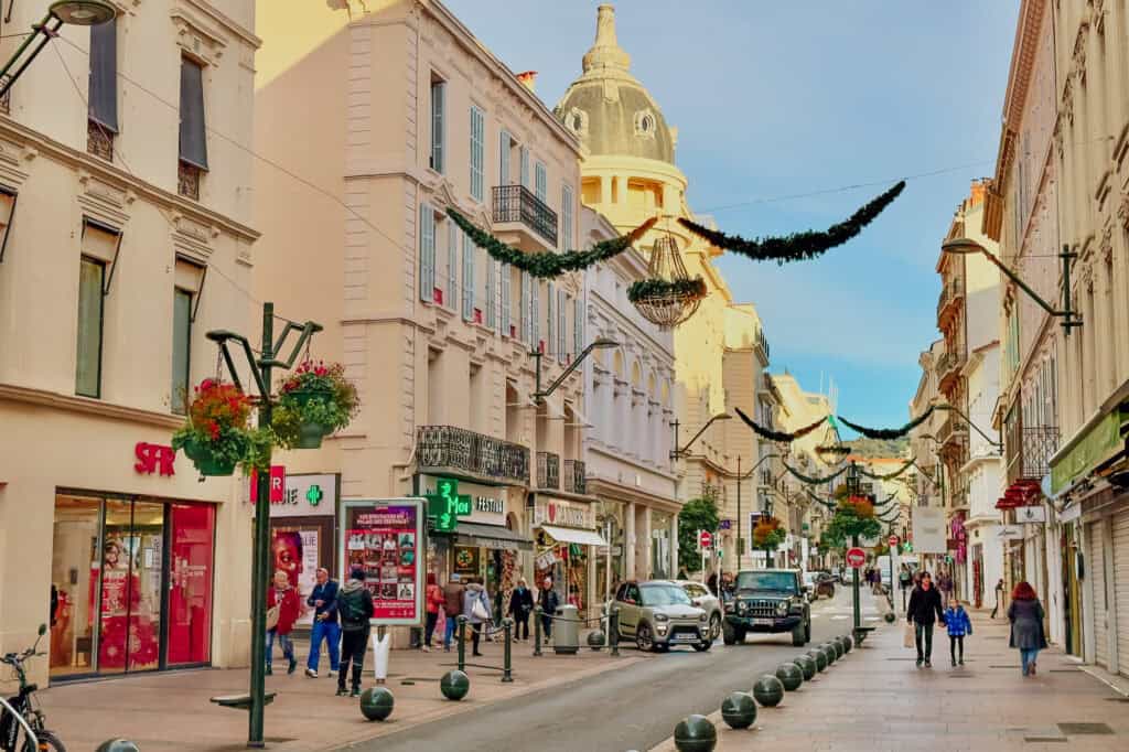 Christmas decor on the streets of Cannes in December