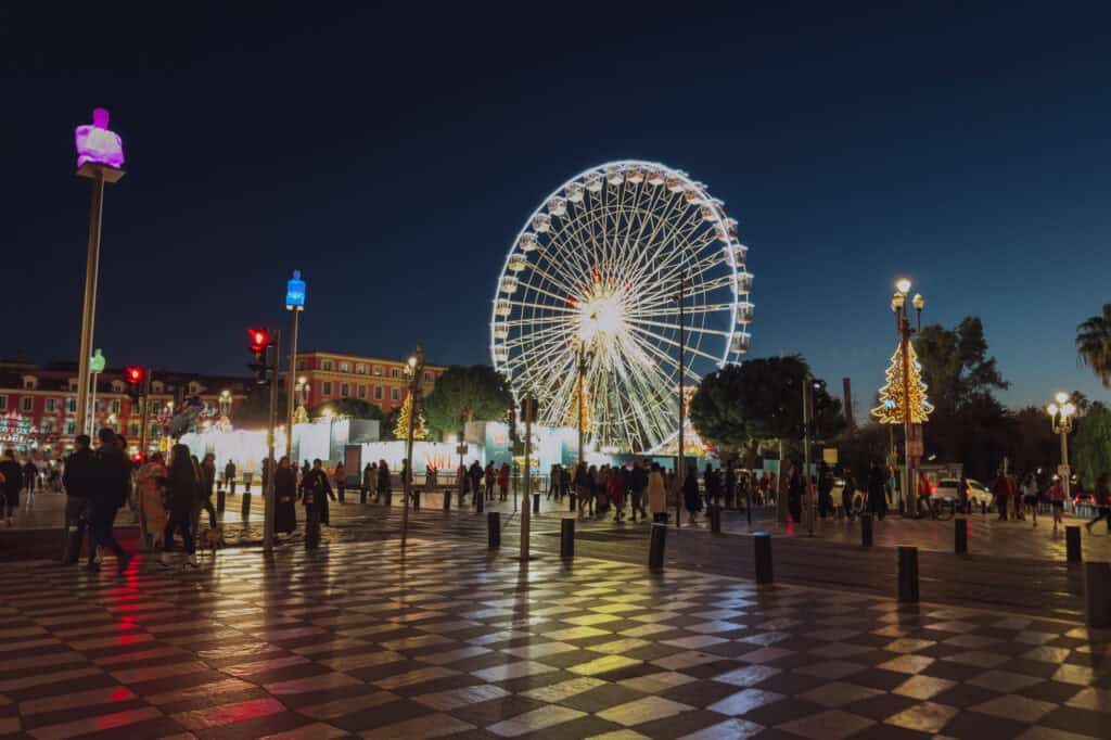 The Marche de Noel at night in December in Nice, France