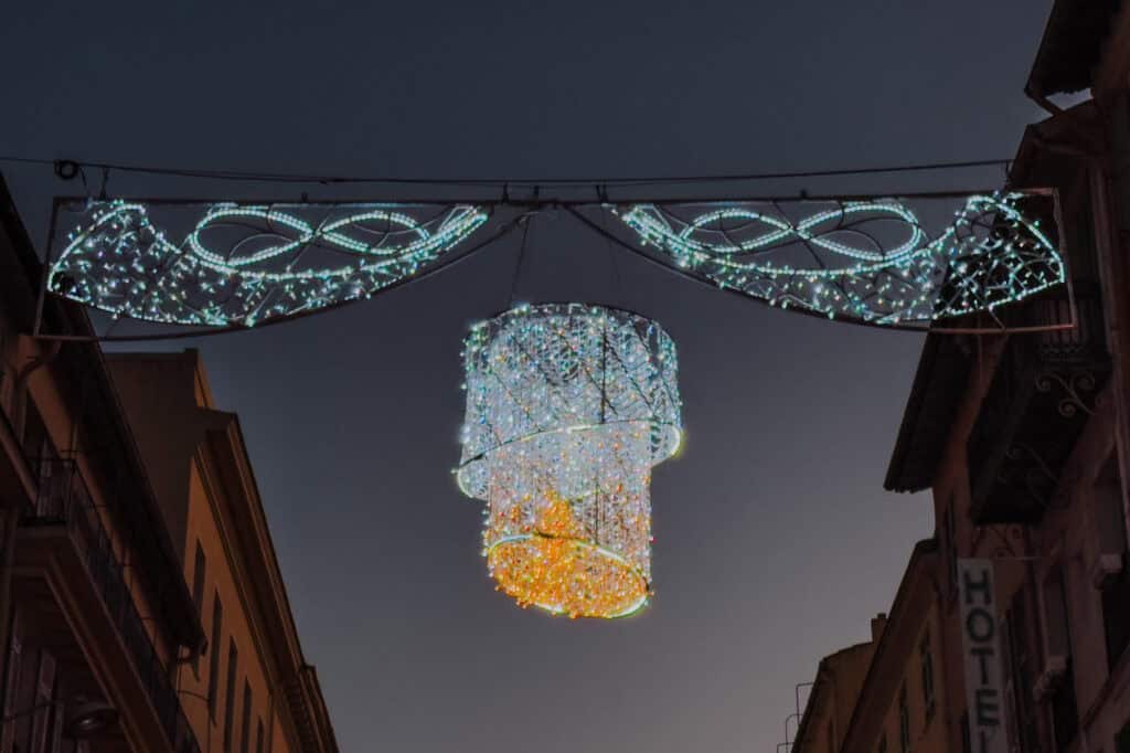 Christmas decorations on the streets of Nice, France, in December