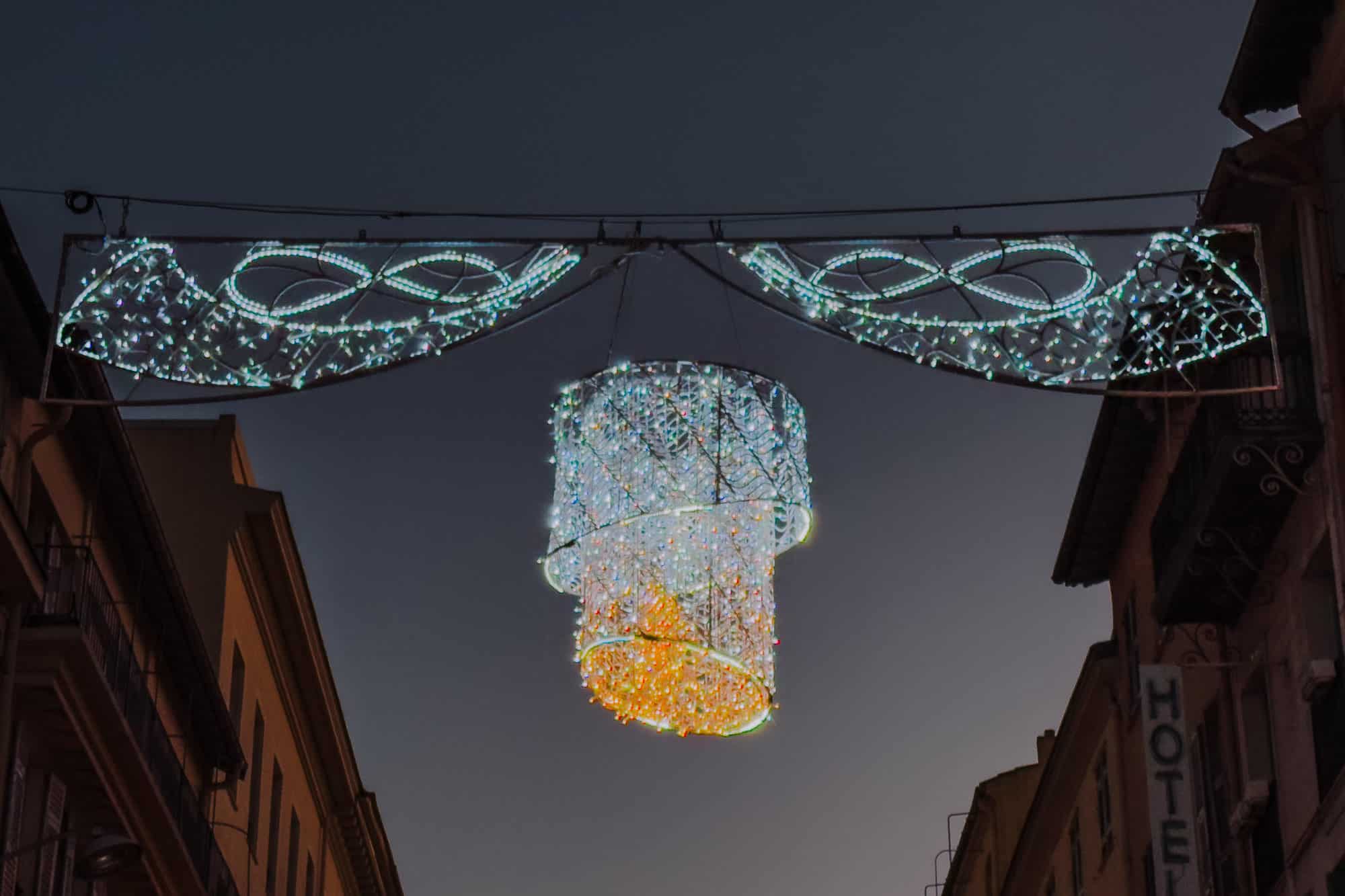 Christmas decorations on the streets of Nice, France, in December