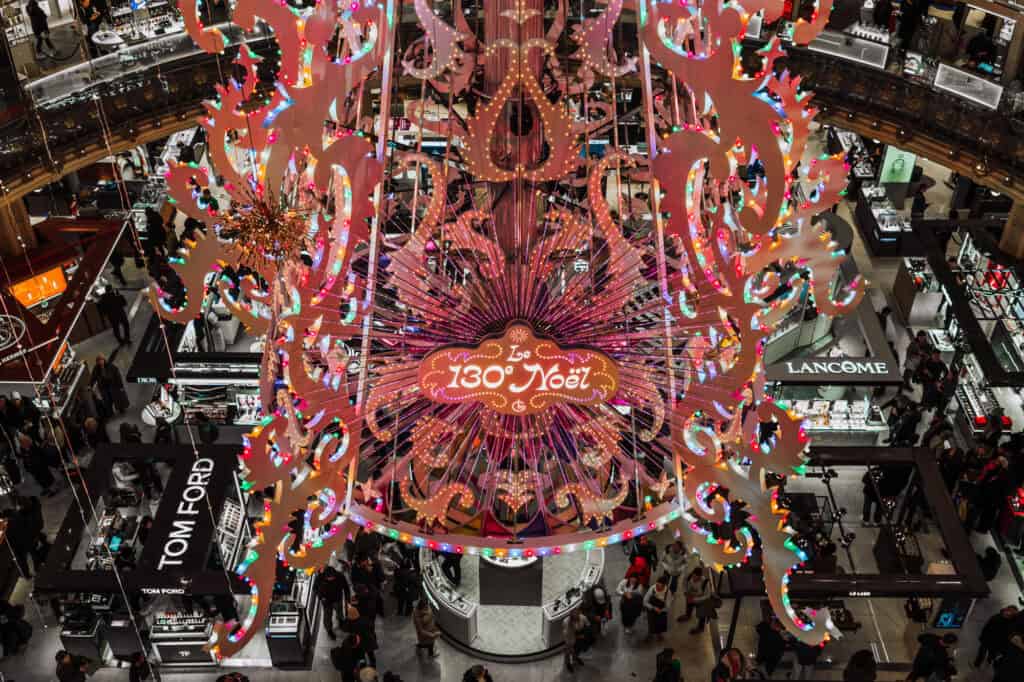 The Christmas tree and stores inside Galeries Lafeyette in Paris in December