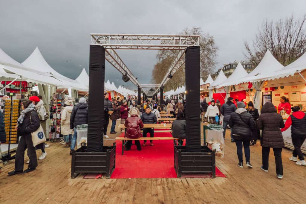 Food vendors at the Marche de Noel before Christmas in Paris