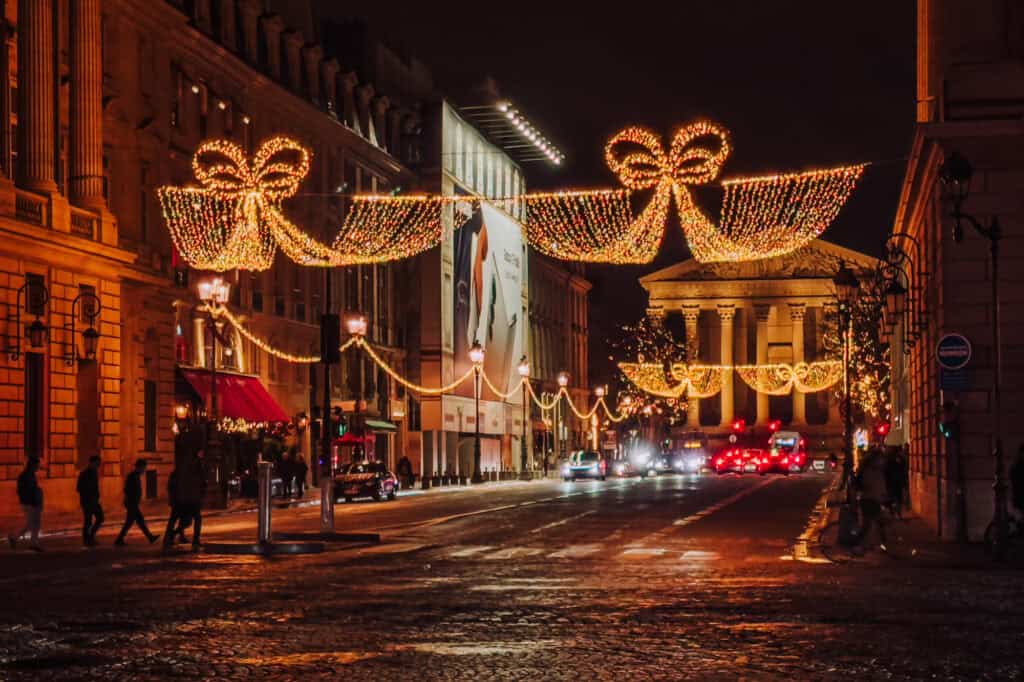 Paris in December is lit with Christmas displays.
