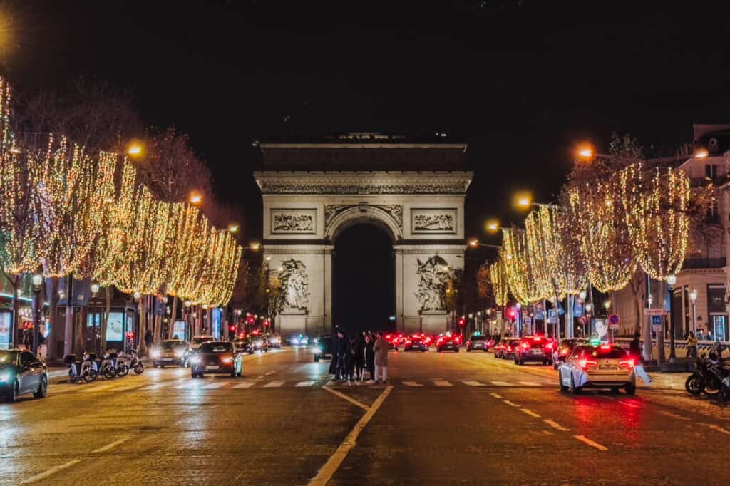 The Champs Elysees, lit for Christmas, on a winter visit to Paris.