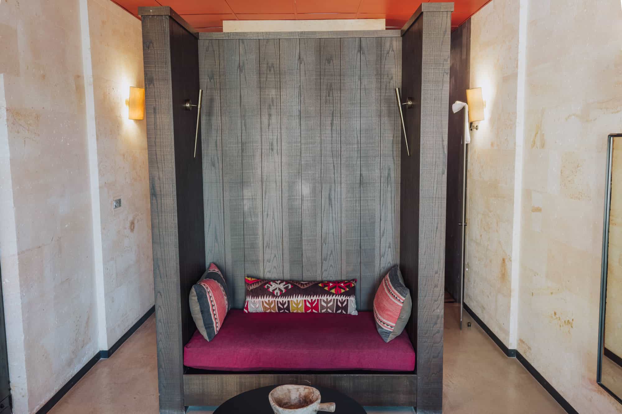 A seating area inside one of the cave rooms