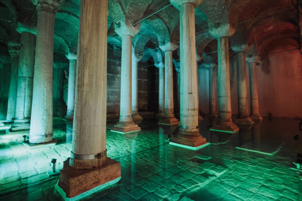 The Basilica Cistern in Istanbul, lit in green