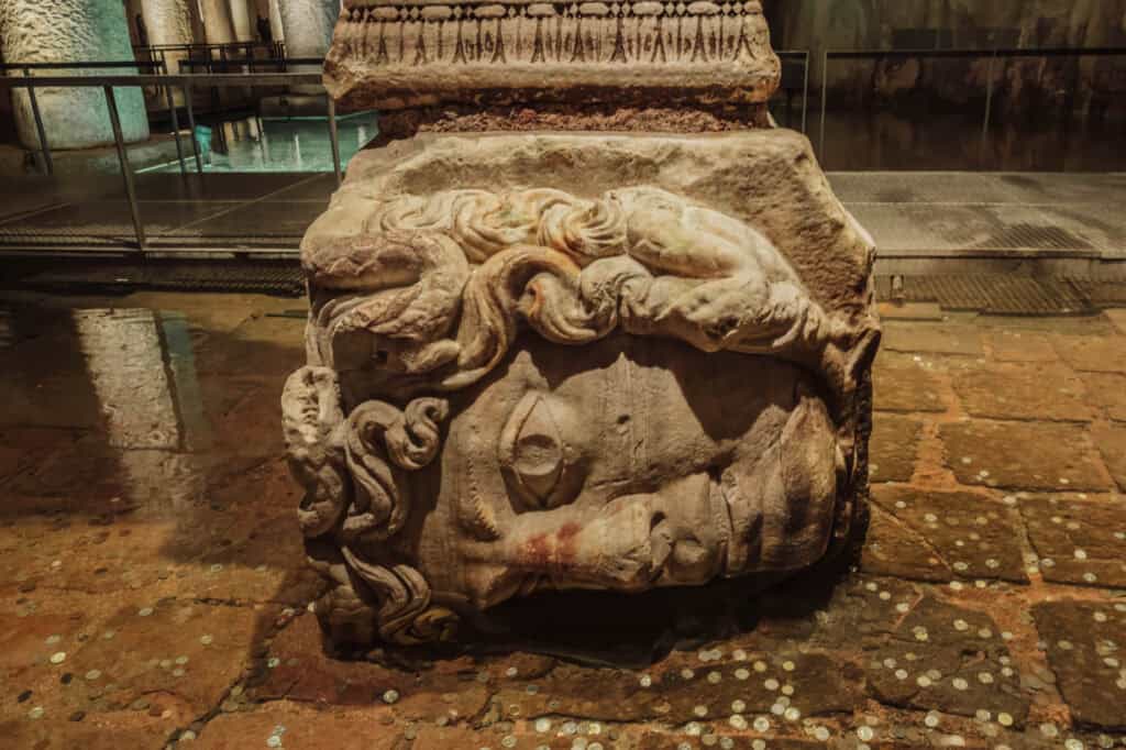 A sideways Medusa head in Istanbul's Basilica Cistern