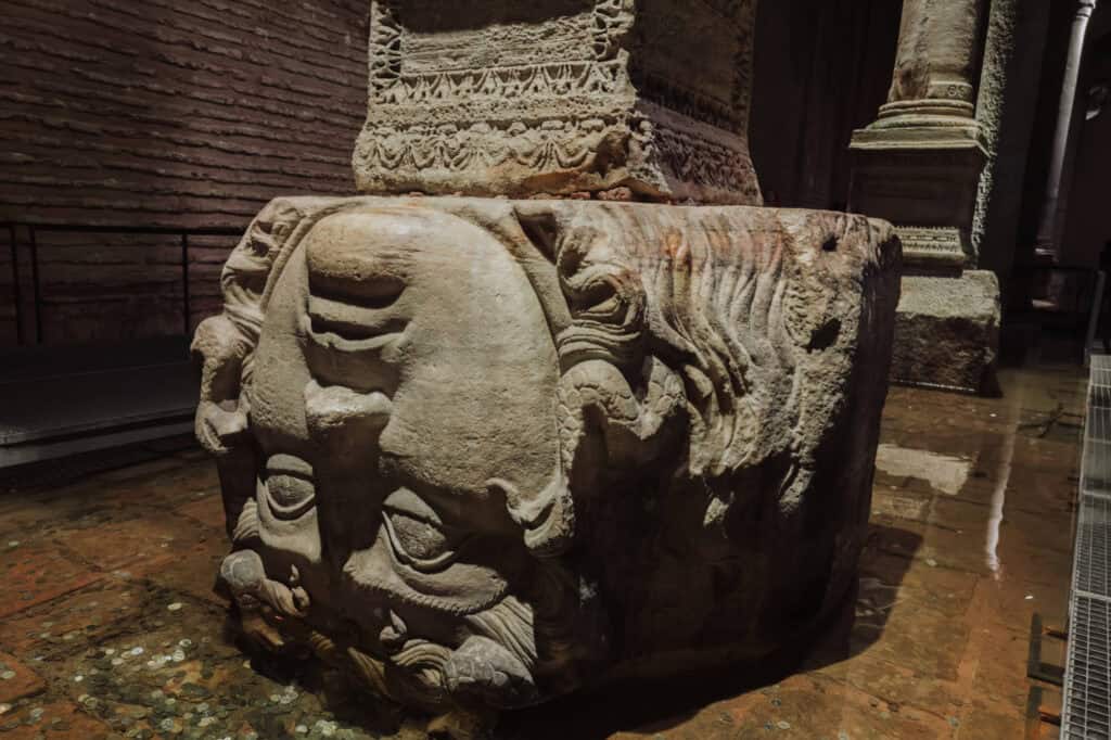 An upside down Medusa head in the Cistern