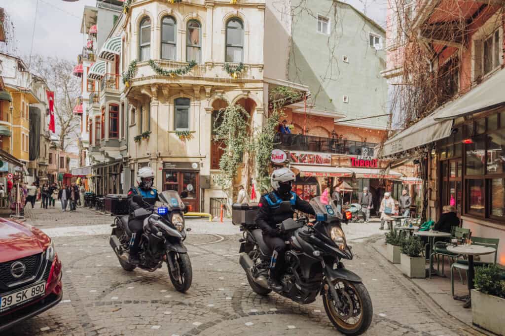 Istanbul police on motorcycles patrolling the Balat neighborhood