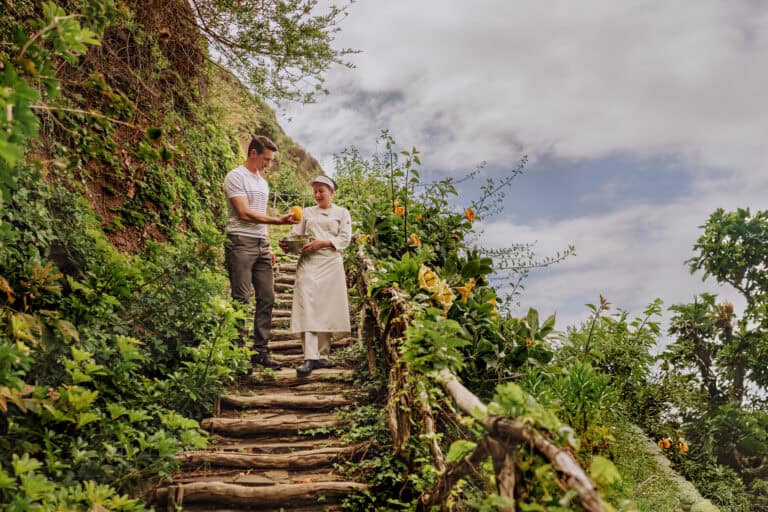 Jared Dillingham and a chef at Madeira's Saccharum in the resort garden