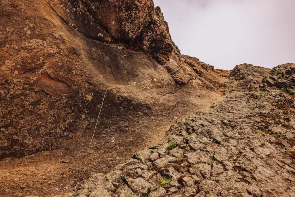 Ropes help with the final climb up Pico Grande