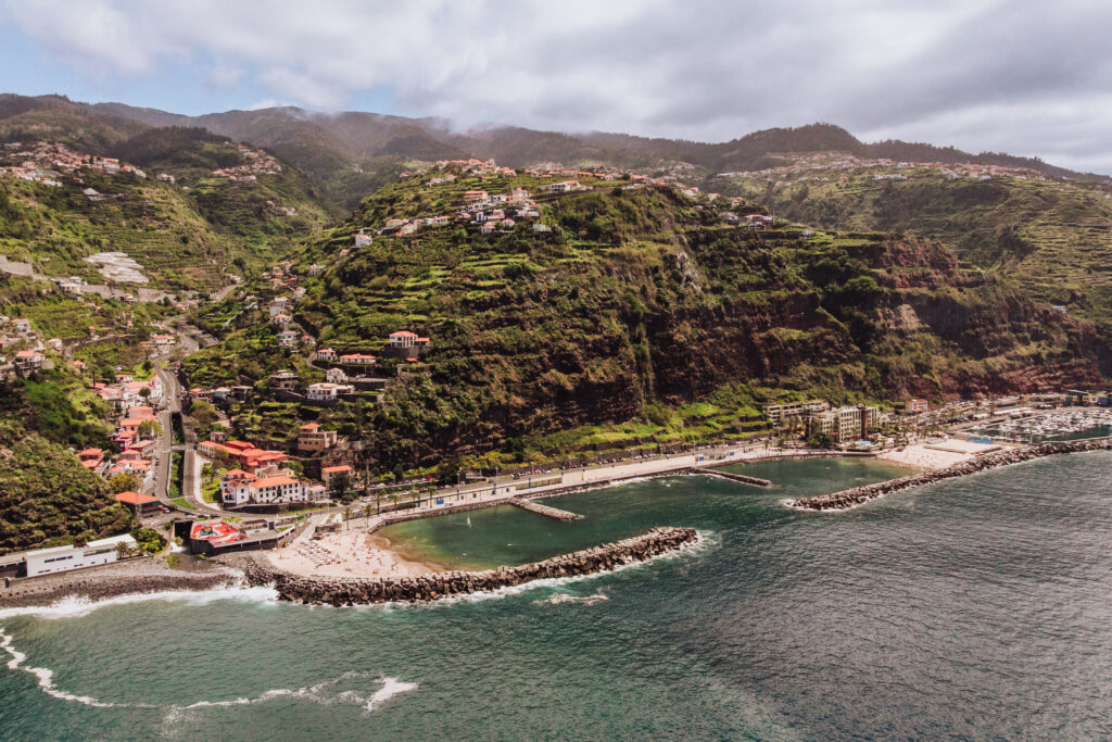 Calheta, an aeiral drone view of the southern coast of Madeira