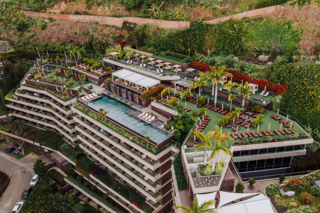 An aerial review of the pools at Saccharum Resort and Spa