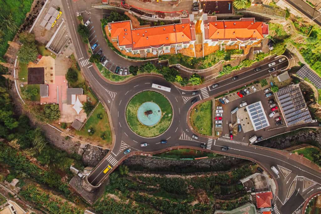 An aerial drone view of a roundabout or traffic circle on Madeira