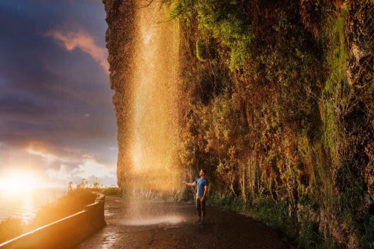 Jared Dillingham at a waterfall over the road on Madeira: Cascata dos Anjos
