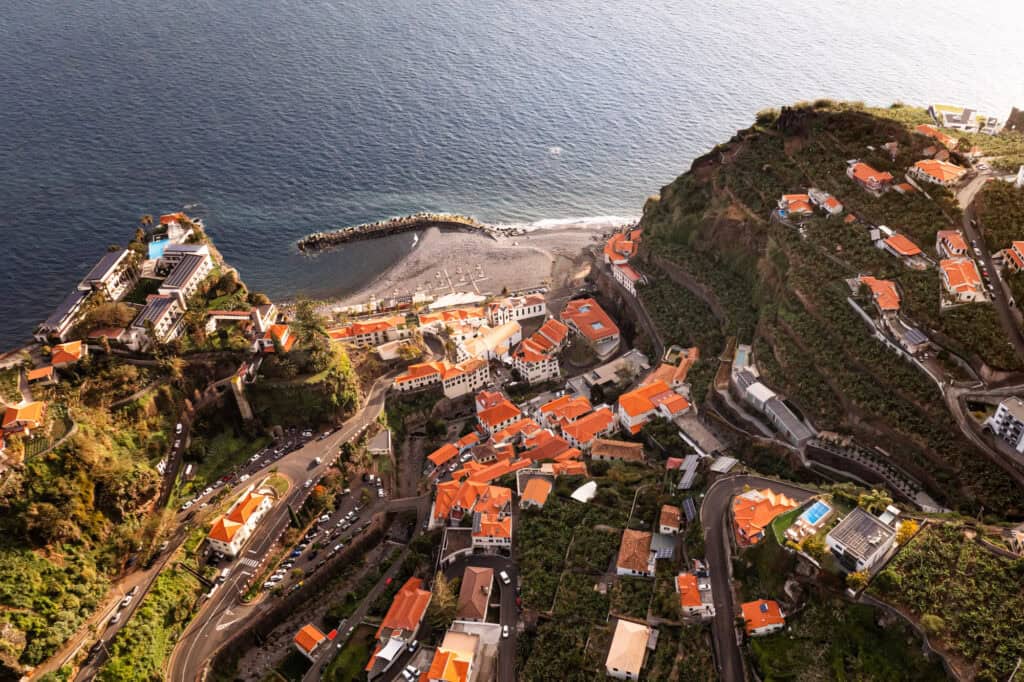 An aerial drone view of Ponta do Sol, on a road trip around Madeira