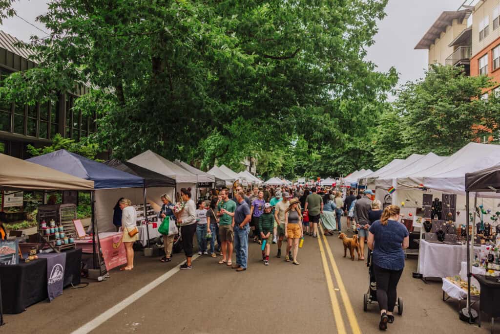 The farmers market closes the streets in downtown Vancouver Washington