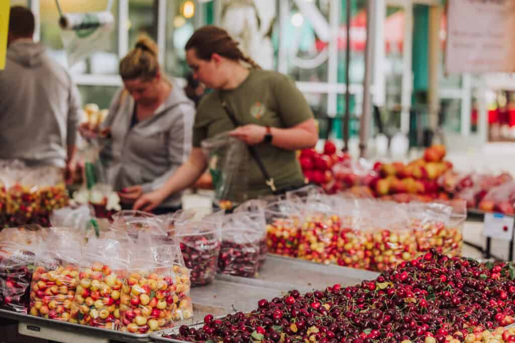 Bautista Family Farms selling cherries at the farmers market