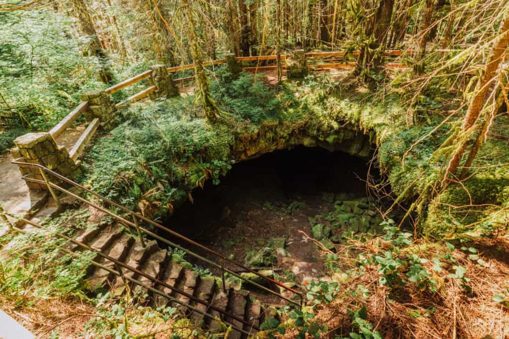 Looking down into Ape Cave, a National Monument created by a lava flow from Mount St. Helens
