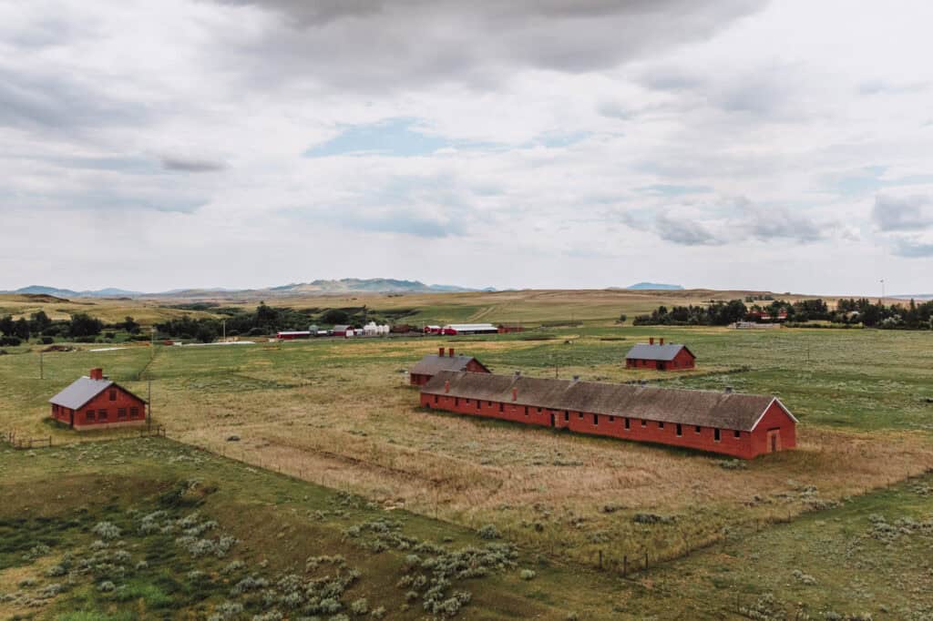 An aerial drone view of Fort Assinniboine