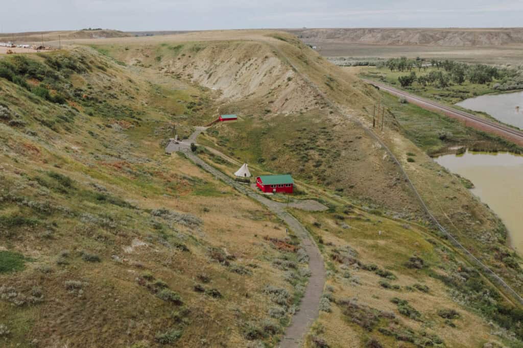 An aerial drone view of the buffalo jump in Havre, MT