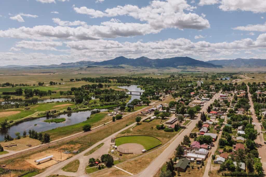 An aerial drone view of the Missouri River, flowing through Cascade, MT, which is a great base for fly fishing