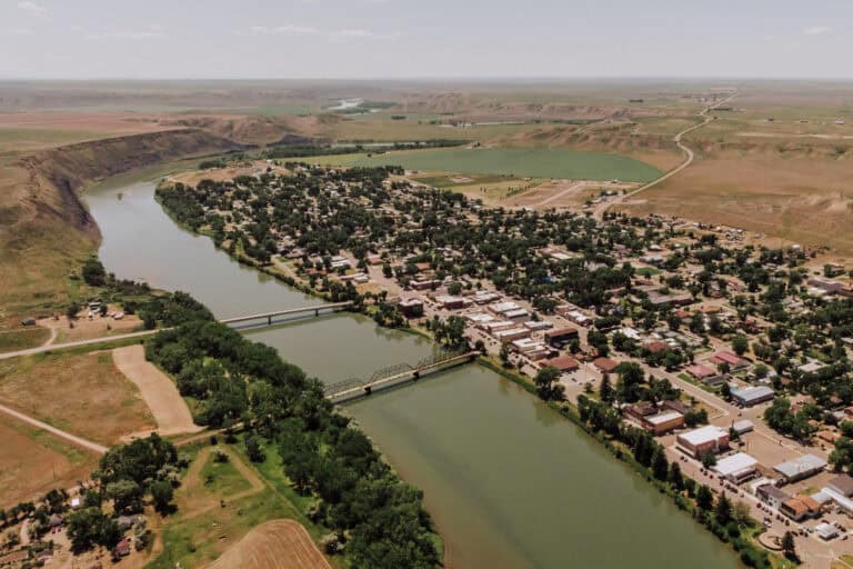 An aerial drone photo of Fort Benton, Montana, and the Missouri River.
