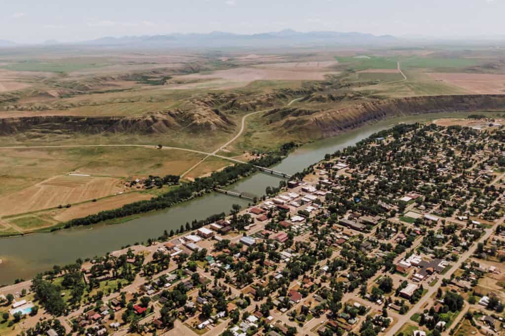 An aerial drone view of Fort Benton, MT