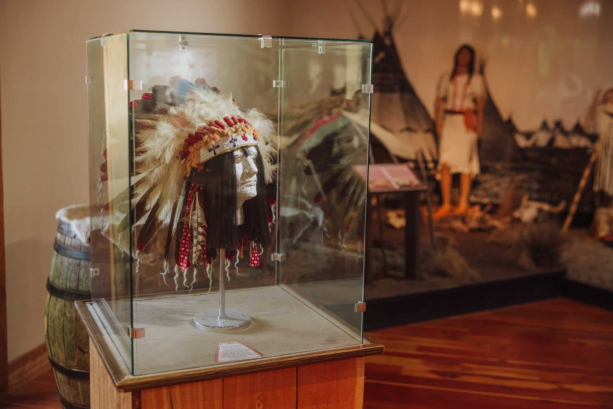 Native American headdress in a museum