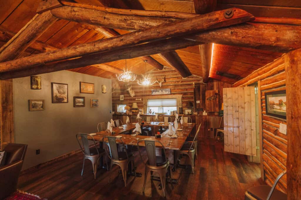 The large dining area inside the Hidden Canyon Lodge, a perfect way to relax after a day fly fishing