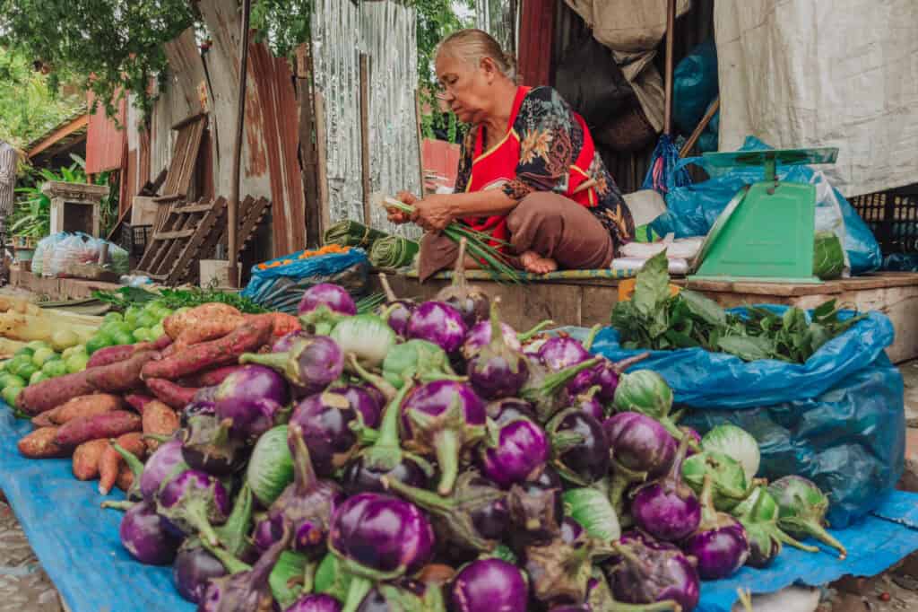 A woman selling fruits and vegetables at a market in Luang Prabang
