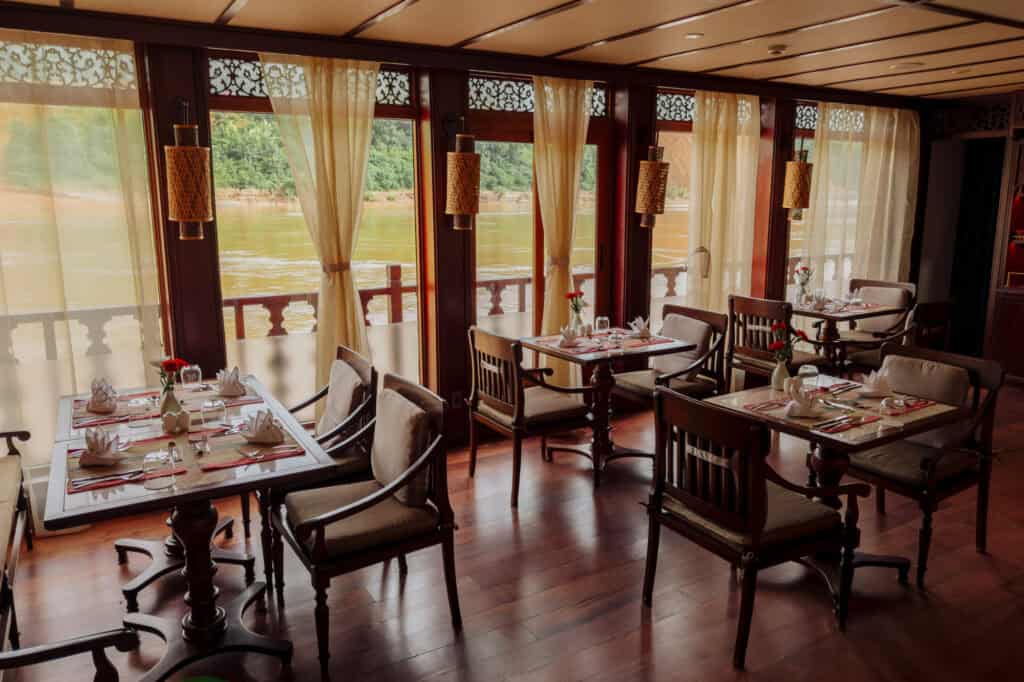 The dining room on the Mekong River cruise ship
