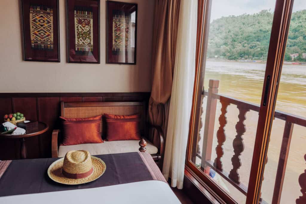 A bedroom in a cabin on the ship we took down the Mekong River