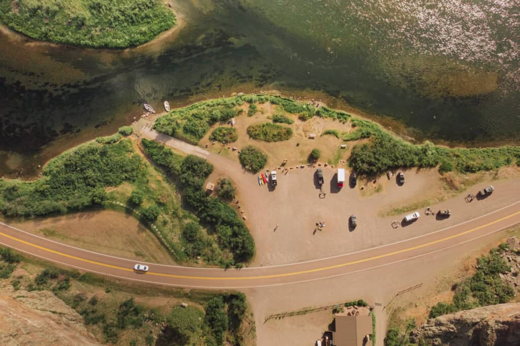 An aerial drone view of the Mountain Palace fishing access site at Hardy Creek, MT