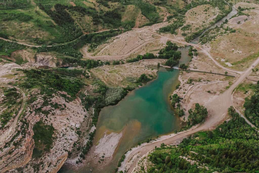An aerial drone view of Swift Dam in MT