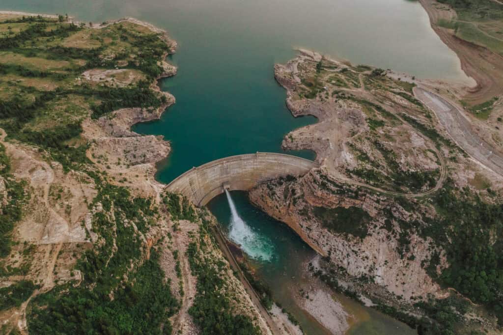 An aerial drone view of Swift Dam in Montana