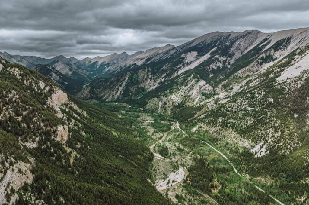 An aerial drone view of the Bob Marshall wilderness in Montana