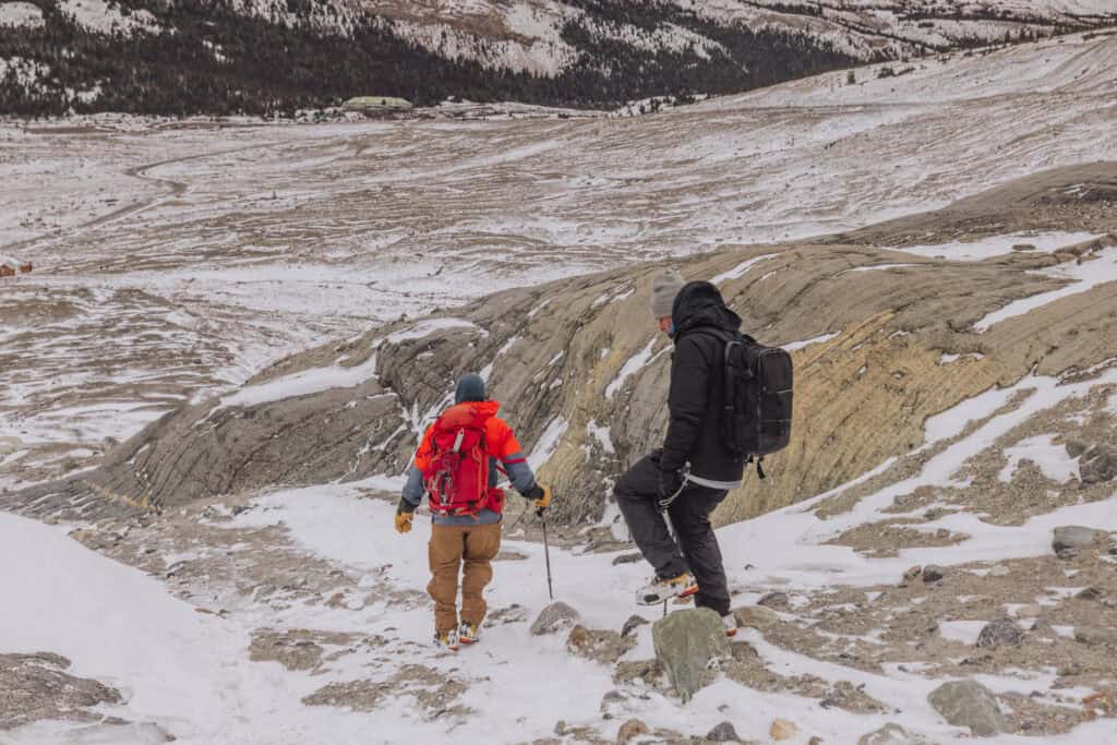People hiking the Toe of the Athabasca Glacier trail