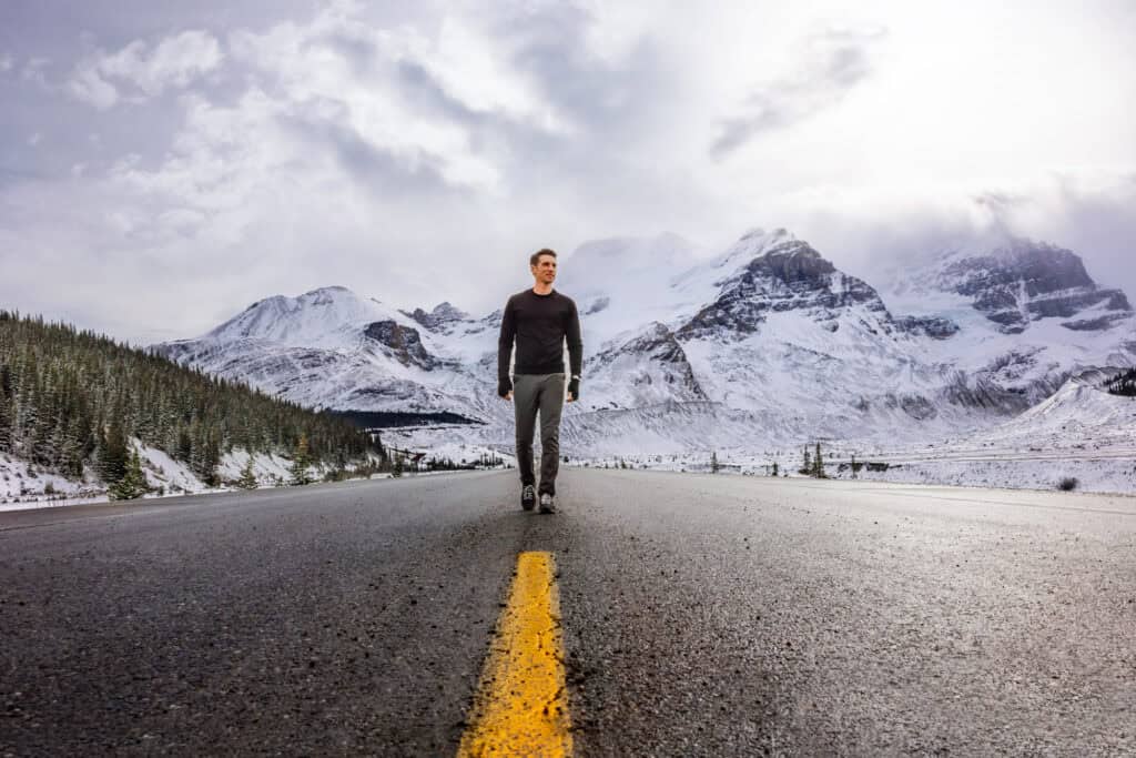 Jared Dillingham on the Icefields Parkway between Banff and Jasper National Parks