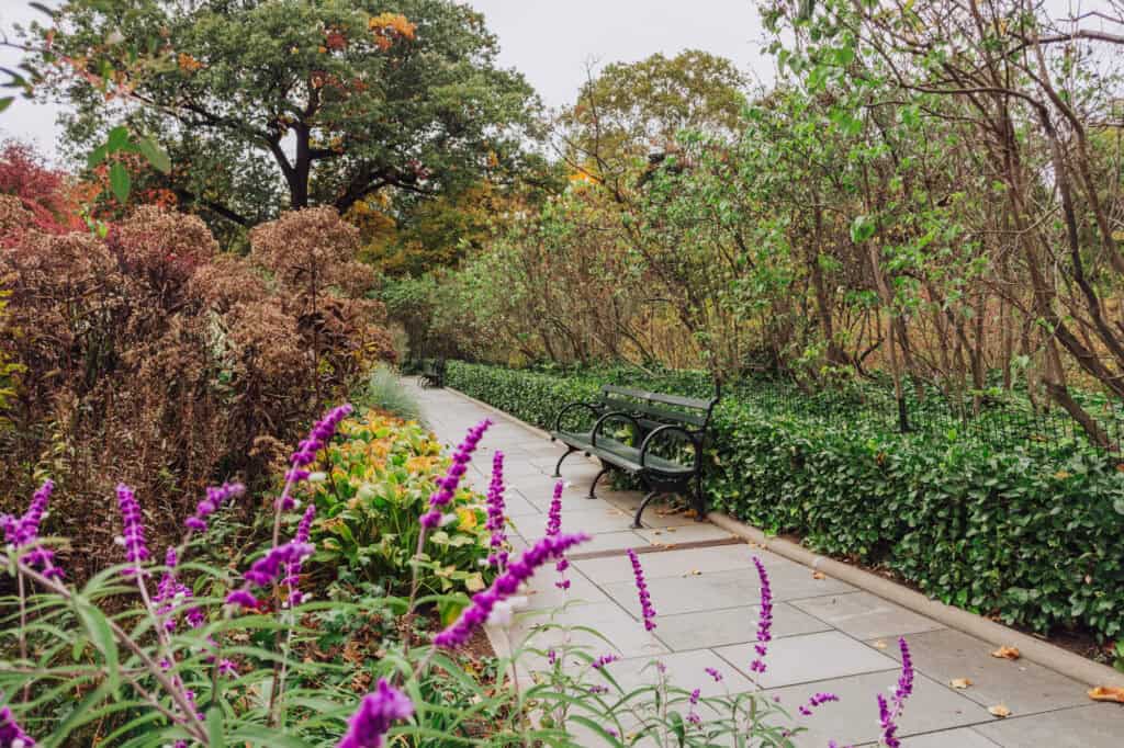 Benches in Central Park's Conservatory Garden in NYC